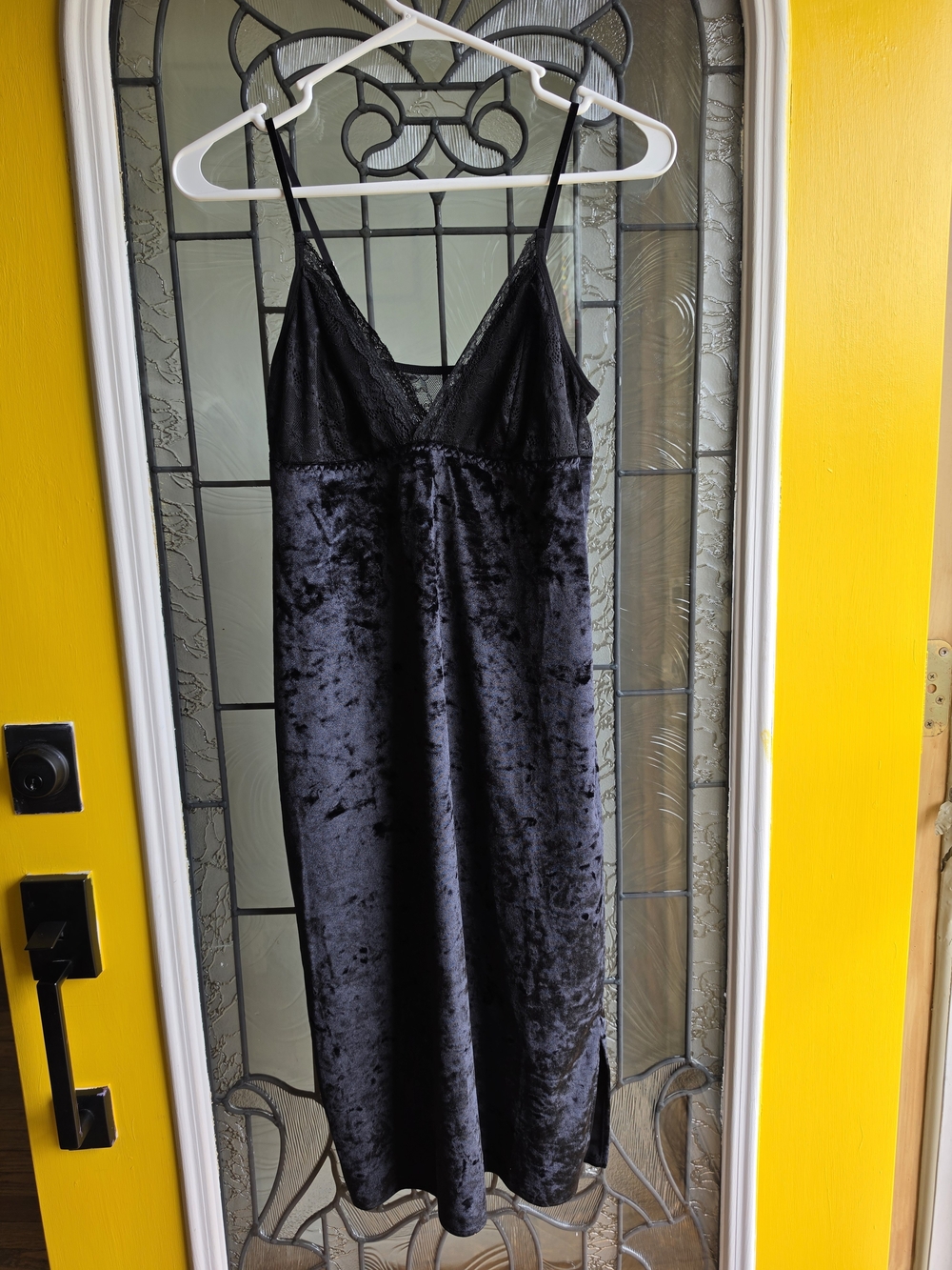 Velvet Lace Trim Slip Dress Nightgown - Black